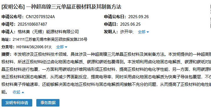 無錫格林美成功申請“一種超高鎳三元單晶正極材料及其制備方法”專利